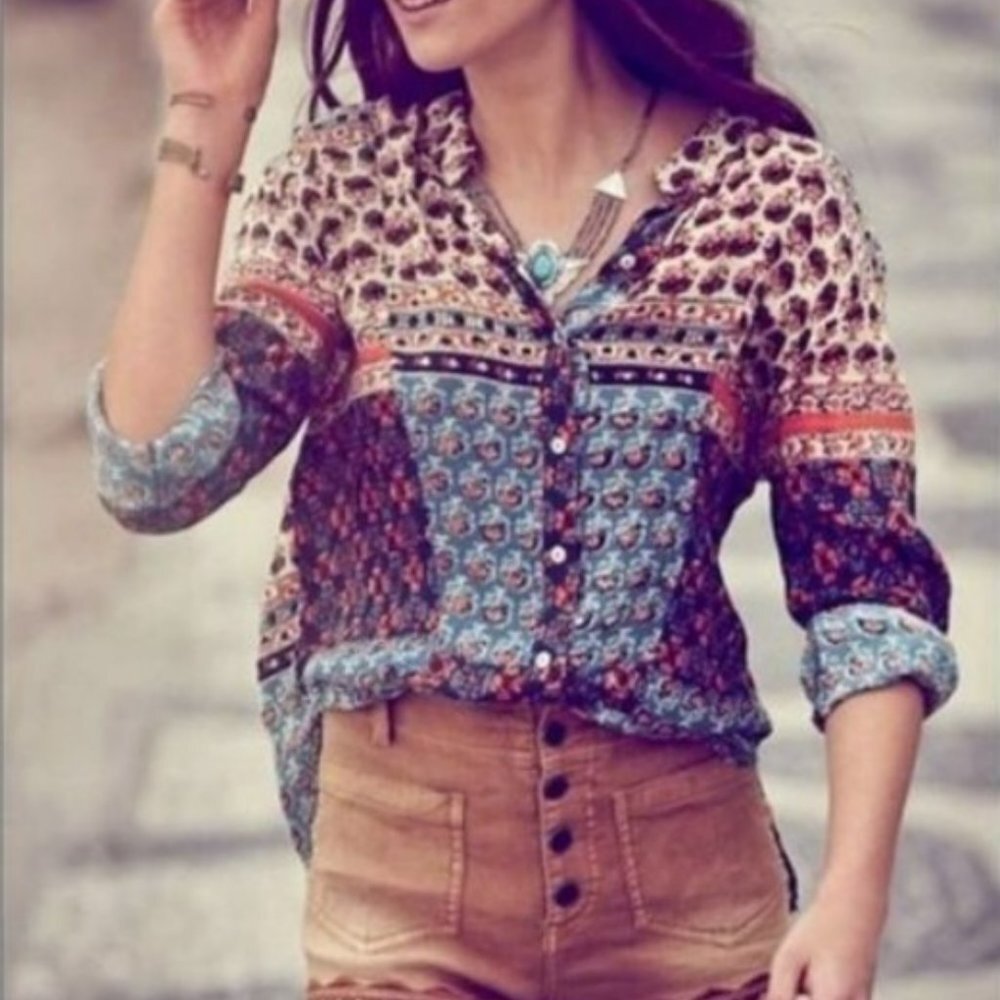 Free People Blue Patchwork Caravan Button Down Boho Loose Fit Top‎ Blouse Size M